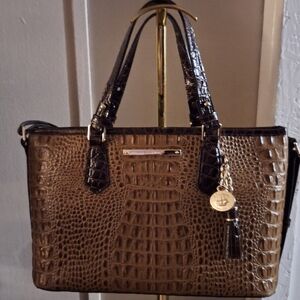 Brahmin Brown Croc-Embossed Satchel with Tassel Charm